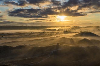 Sunrays penetrate the early morning fog over heath landscape