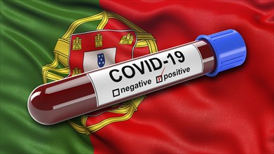 Flag of Portugal waving in the wind with a positive Covid-19 blood test tube. 3D illustration