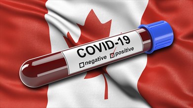 Flag of Canada waving in the wind with a positive Covid-19 blood test tube. 3D illustration