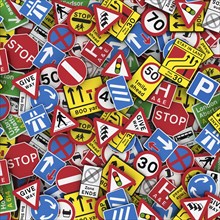 3D illustration of British road signs like stop signs
