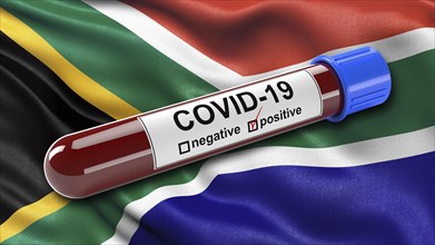 Flag of South Africa waving in the wind with a positive Covid-19 blood test tube. 3D illustration