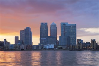 Canary Wharf financial district viewed over the river Thames
