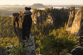 View of the Bastei with Wehlnadel and Wehlgrund to the Lilienstein at sunrise