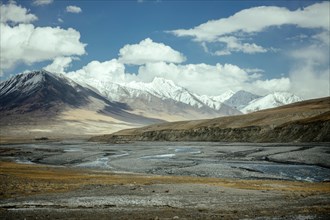 The Wachandarja River meanders through a wide gravel bed on a plateau of the Wakhan Corridor near Bozai Gumbaz
