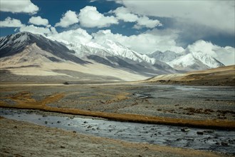 The Wachandarja River meanders through a wide gravel bed on a plateau of the Wakhan Corridor near Bozai Gumbaz