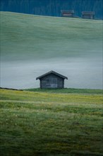 Single hut on foggy meadow