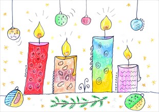 Four colourful candles and Christmas balls