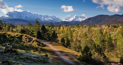 Autumn landscape in the Isar valley with Wetterstein range