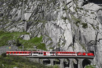 Matterhorn Gotthard Bahn on a stone bridge