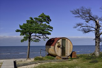 Wooden barrel as camping hut