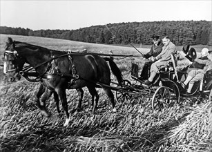 Paul von Hindenburg riding in a carriage across a stubble field inspecting his lands