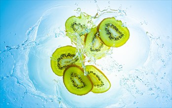 Slices of the kiwi with water splashes