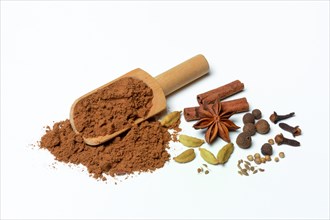 Gingerbread spice in shovel and ingredients