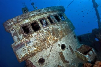 Diver looking through window of ship bridge into shipwreck