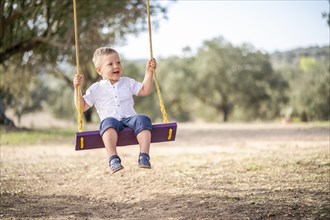 Happy blond toddler on a swing