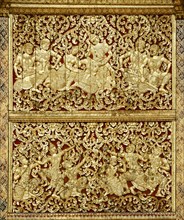Gilt teak wall plaque with depictions from the Lao version of the Ramayana