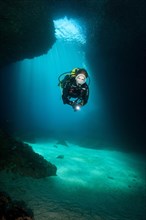 Diver in cave entrance