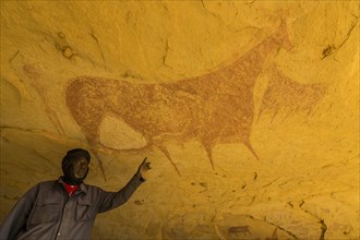 Man pointing out a Rock painting in the Unesco world heritage