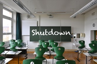 Blackboard with inscription SHUTDOWN