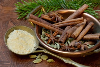Christmas spices in bowl and powder in ladle
