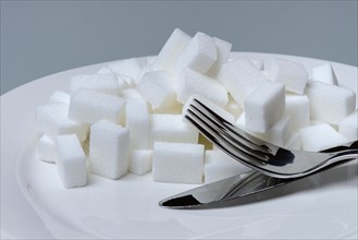 Sugar cubes on plate with cutlery