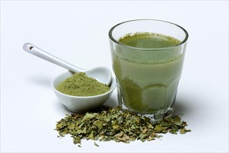 Moringa powder in bowl and in glass of water as well as Moringa tea