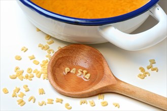 Cooking spoon with alphabet noodles and alphabet soup
