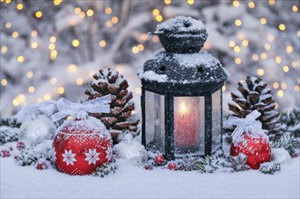 Lantern with outdoor Christmas decoration