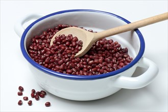 Dried azuki beans in bowl with wooden spoon