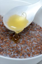 Bowl of swollen flax seed and spoonful of honey