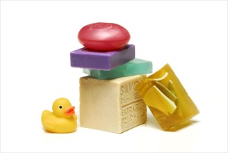Various soaps with rubber duck