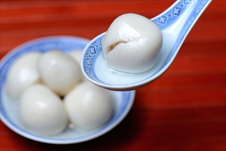 Glutinous rice balls with peanut filling in bowl and spoon