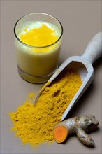 Turmeric-powder in shovel and -milk in glass