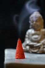 Burning incense cone with Buddha