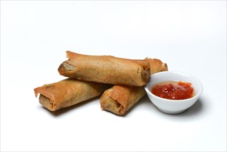 Spring roll and bowl with sauce