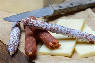 Different kinds of sausages and cheese slices