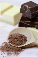Grated chocolate blocks in cooking spoon