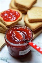 Strawberry jam in glass with spoon and rusk