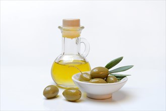 Green olives in shell and bottle olive oil