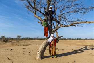 Local children posing on a dry tree