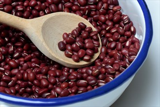 Dried azuki beans in bowl with wooden spoon