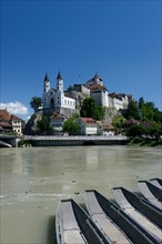 Fortress Aarburg with church and river Aare
