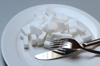 Sugar cubes on plate with cutlery