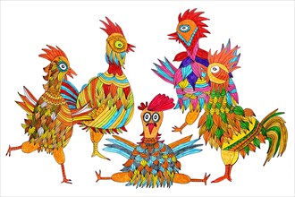 Five colorful chickens