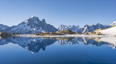 Mountain panorama with water reflection in Lac Blanc