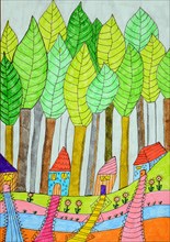 Colourful houses in a forest of leaves
