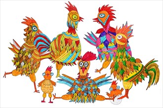 Five colorful chickens with chicks