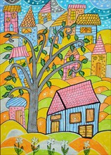 Colorful houses with tree