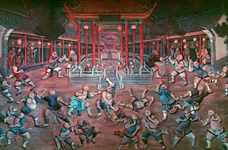 Shaolin monks practicing Kung Fu in front of the Temple, sculpted 3D artwork in the Red Theatre, Beijing