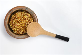Grainy Dijon mustard in clay pot with wooden spoon